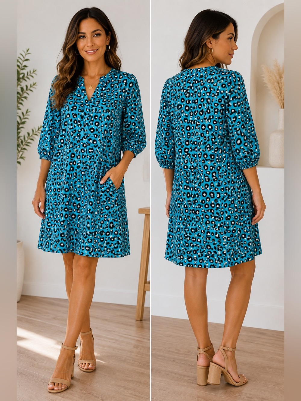 Tyler Boe Teal Leopard Print V-Neck Shift Dress